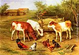 Edgar Hunt Famous Paintings - Calves and Chickens feeding in a Farmyard